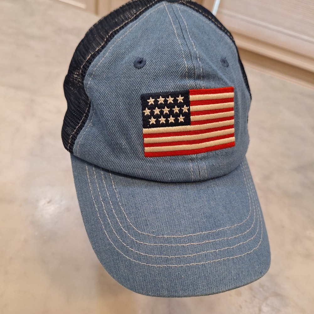 Shack Trucker Hat Unisex OSFM Blue Denim American Flag Mesh Back USA Patriotic